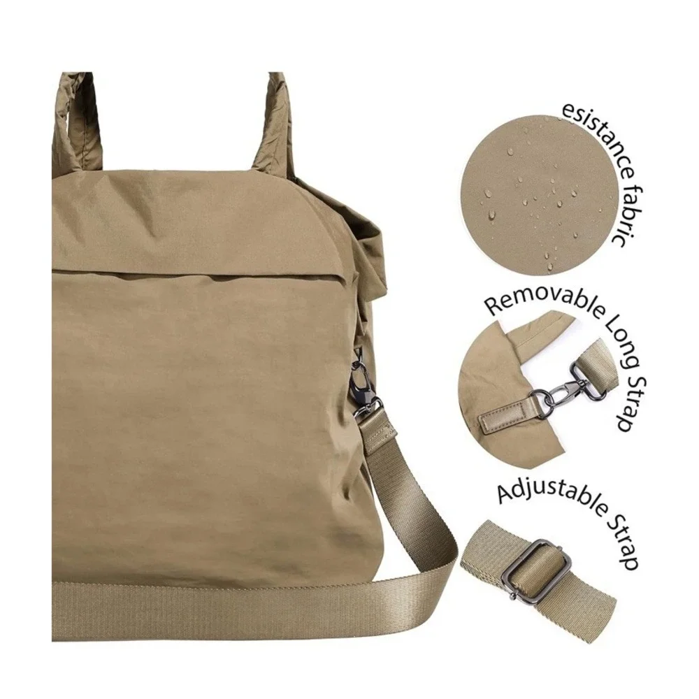 15in Laptop Tote Bag Beige Nylon Solid Water Resistant Adjustable Strap w/ Strap